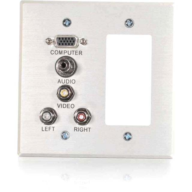 C2G VGA, 3.5mm Audio, Composite Video and RCA Stereo Audio Pass Through Double Gang Wall Plate with One Decorative Style Cutout - Brushed Aluminum