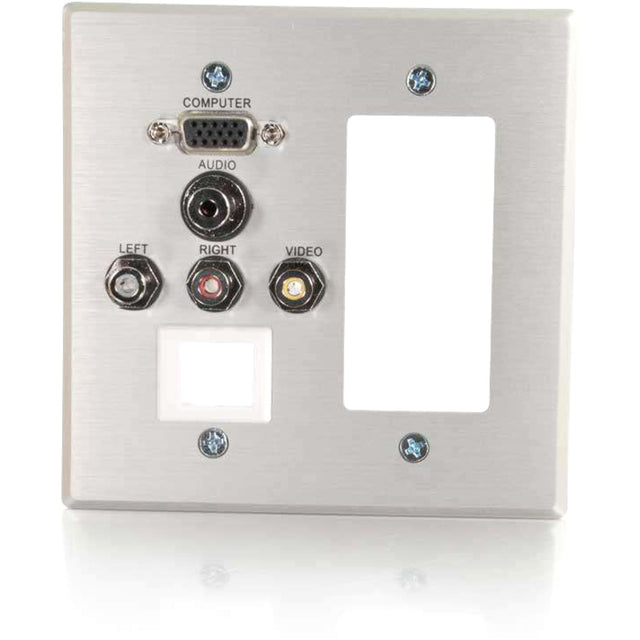 C2G VGA, 3.5mm Audio, Composite Video and RCA Stereo Audio Pass Through Double Gang Wall Plate with One Decorative Style Cutout and One Keystone - Brushed Aluminum