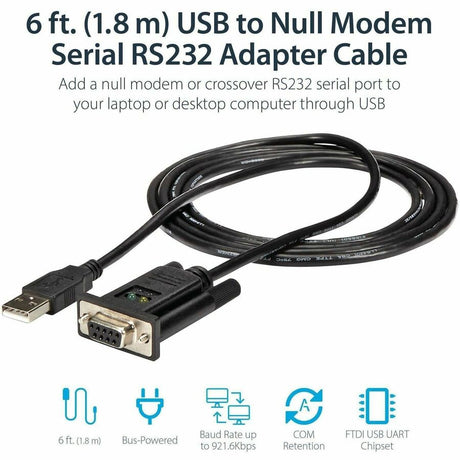 StarTech.com 6ft (1.8m) 1-Port USB to Serial RS232 Adapter, FTDI DB9 Serial DCE Adapter Cable, Null Modem, USB 2.0 - TAA