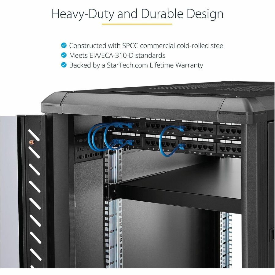 StarTech.com 1U 4-Post 19.5 to 38in Adjustable Mounting Depth Rack Mount Shelf - Heavy Duty Fixed Rack Shelf - 330 lb / 150kg - 27.5in Deep