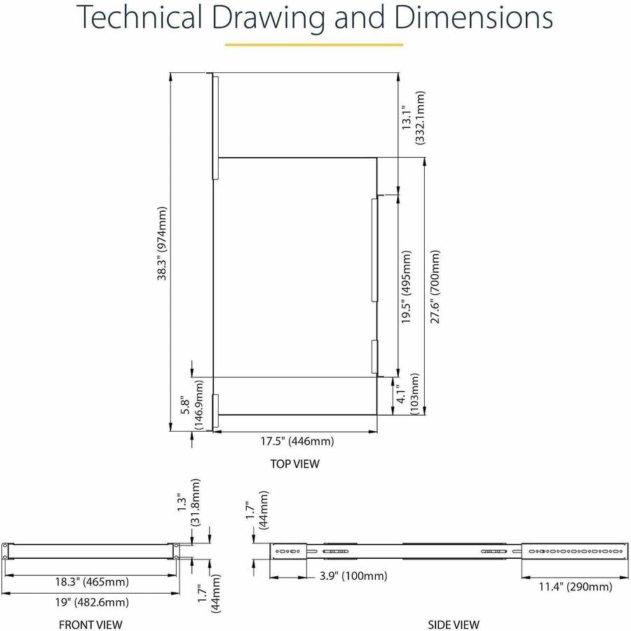 StarTech.com 1U 4-Post 19.5 to 38in Adjustable Mounting Depth Rack Mount Shelf - Heavy Duty Fixed Rack Shelf - 330 lb / 150kg - 27.5in Deep