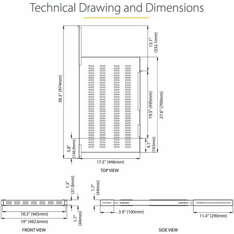 StarTech.com 1U 4-Post 19.5 to 38in Adjustable Mounting Depth Vented Rack Mount Shelf - Heavy Duty Fixed Rack Shelf - 330lbs / 150kg - 27.5in Deep
