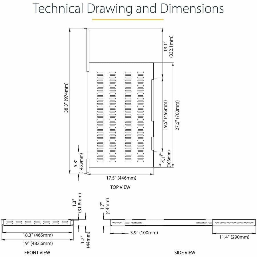 StarTech.com 1U 4-Post 19.5 to 38in Adjustable Mounting Depth Vented Rack Mount Shelf - Heavy Duty Fixed Rack Shelf - 330lbs / 150kg - 27.5in Deep