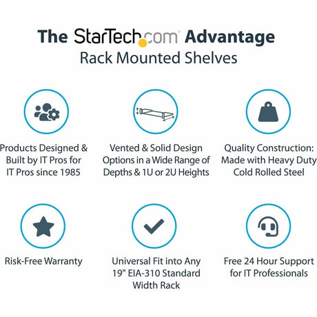 StarTech.com 2U 22in Vented Rack Mount Shelf - Fixed 22 inch Deep antilever Rackmount Tray for Server Rack Cabinet Shelf - 50lbs / 23kg