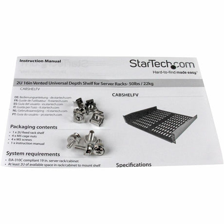 StarTech.com 2U 16in Universal Vented Rack Mount Cantilever Shelf - Fixed Server Rack Cabinet Shelf - 50lbs / 23kg