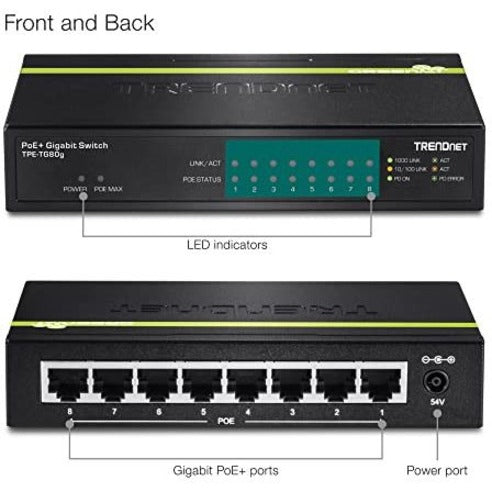 TRENDnet 8-Port Gigabit PoE+ Switch, TPE-TG80G, 8 x Gigabit PoE+ Ports, 123W PoE Power Budget, 16 Gbps, Ethernet Splitter, NDAA & TAA Compliant, Metal, Lifetime Protection, Black
