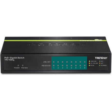 TRENDnet 8-Port Gigabit PoE+ Switch, TPE-TG80G, 8 x Gigabit PoE+ Ports, 123W PoE Power Budget, 16 Gbps, Ethernet Splitter, NDAA & TAA Compliant, Metal, Lifetime Protection, Black