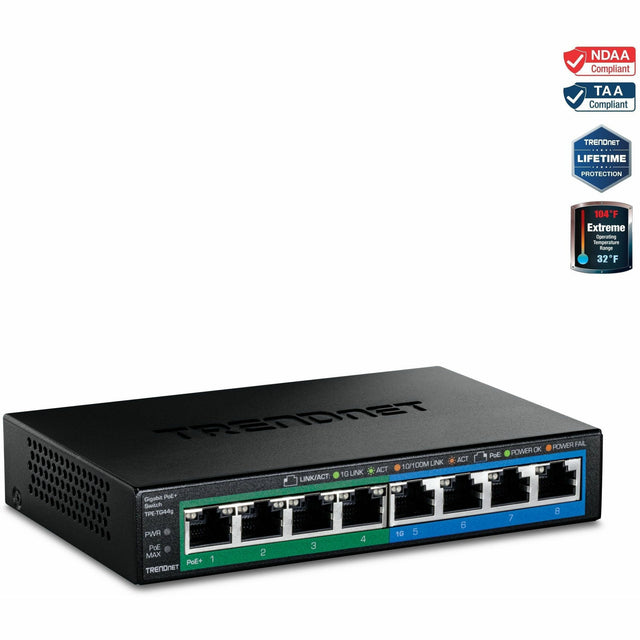 TRENDnet 8-Port Gigabit GREENnet PoE+ Switch, 4 x Gigabit PoE-PoE+ Ports, 4 x Gigabit Ports, 61W Power Budget, 16 Gbps Switch Capacity, Ethernet Unmanaged Switch, Lifetime Protection, Black, TPE-TG44G