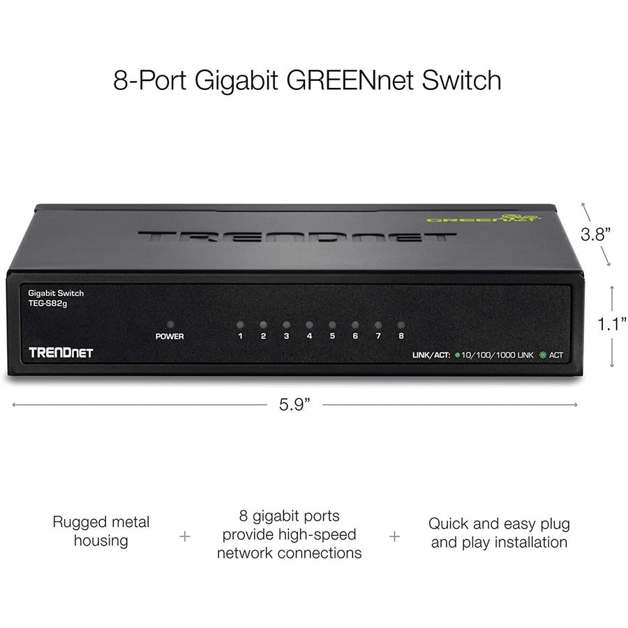 TRENDnet 8-Port Gigabit GREENnet Switch, Ethernet Network Switch, TEG-S82G, 8 x 10-100-1000 Mbps Gigabit Ethernet Ports, Ethernet Splitter, 16 Gbps, Metal, Lifetime Protection, Black