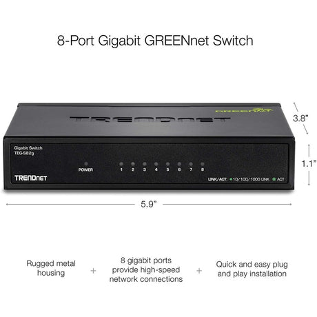 TRENDnet 8-Port Gigabit GREENnet Switch, Ethernet Network Switch, TEG-S82G, 8 x 10-100-1000 Mbps Gigabit Ethernet Ports, Ethernet Splitter, 16 Gbps, Metal, Lifetime Protection, Black