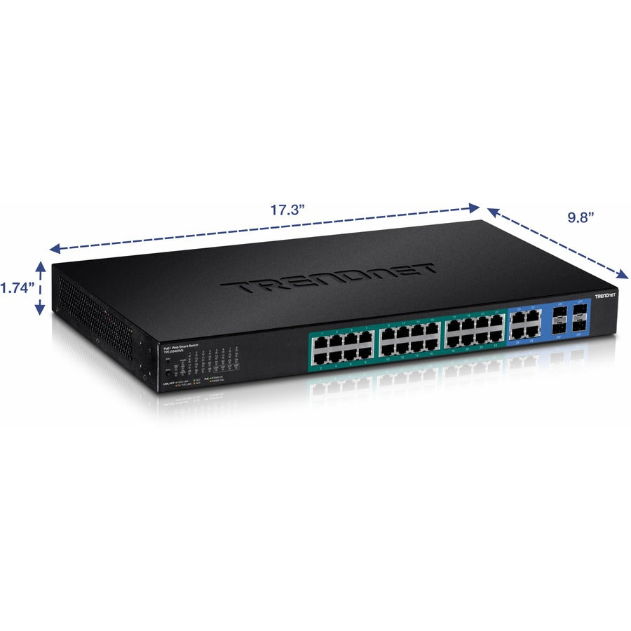 TRENDnet 20-Port Gigabit PoE+ Web Smart PoE+ Switch, 16 x Gigabit PoE+ Ports, 4 x Shared Gigabit Ports, Up To 30W Per Port, 185W Total Power Budget, Rack Mountable, Black, TPE-1620WS