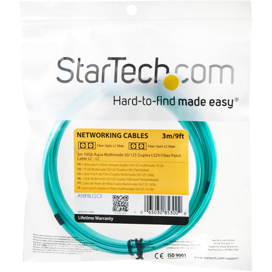 StarTech.com 3m Fiber Optic Cable - 10 Gb Aqua - Multimode Duplex 50/125 - LSZH - LC/LC - OM3 - LC to LC Fiber Patch Cable