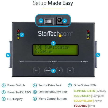 StarTech.com 1:1 Standalone Hard Drive Duplicator & Eraser, SATA HDD / SSD Disk Cloner / Copier / Wiper / Sanitizer, TAA Compliant