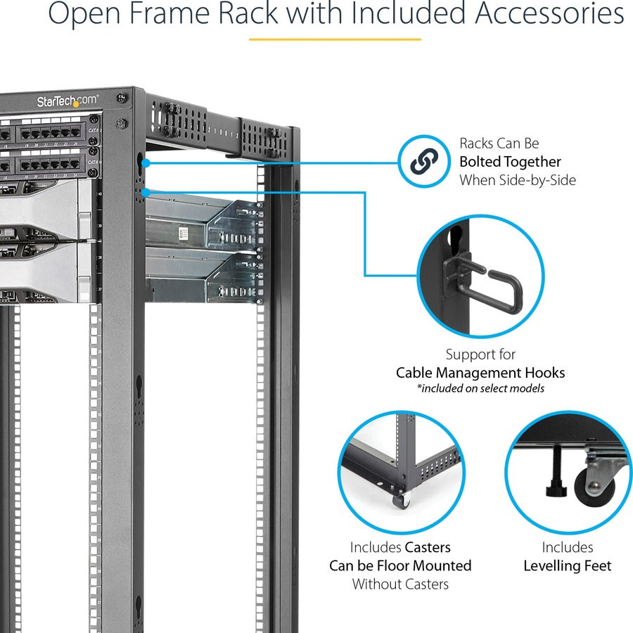StarTech.com 4-Post 42U Mobile Open Frame Server Rack, 19" Network Rack with Casters, Rolling Rack for Computer/AV/Data/IT Equipment