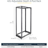 StarTech.com 4-Post 42U Mobile Open Frame Server Rack, 19" Network Rack with Casters, Rolling Rack for Computer/AV/Data/IT Equipment