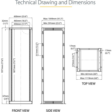 StarTech.com 4-Post 42U Mobile Open Frame Server Rack, 19" Network Rack with Casters, Rolling Rack for Computer/AV/Data/IT Equipment