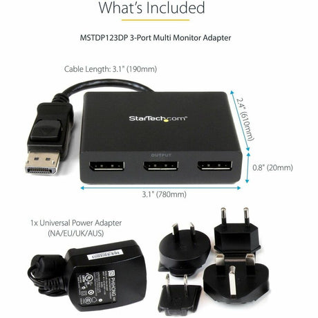 StarTech.com 3-Port DisplayPort 1.2 Splitter, DisplayPort to 3x DP Multi-Monitor Adapter, Dual 4K 30Hz and 1080p Computer MST Hub, Windows