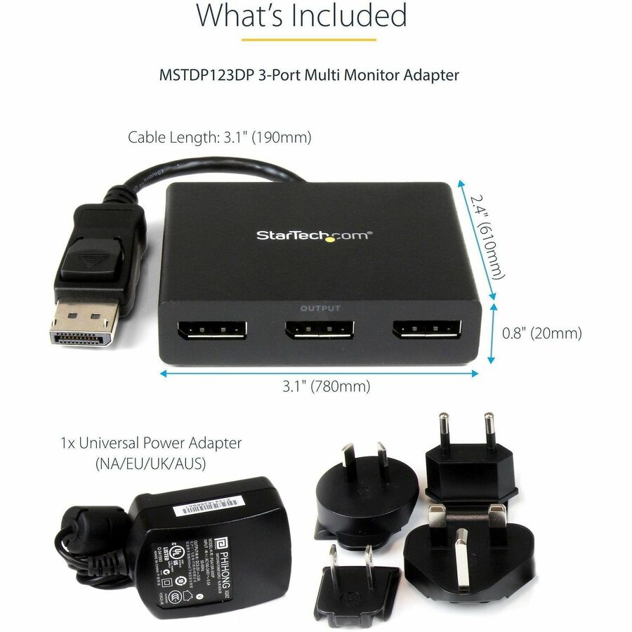 StarTech.com 3-Port DisplayPort 1.2 Splitter, DisplayPort to 3x DP Multi-Monitor Adapter, Dual 4K 30Hz and 1080p Computer MST Hub, Windows