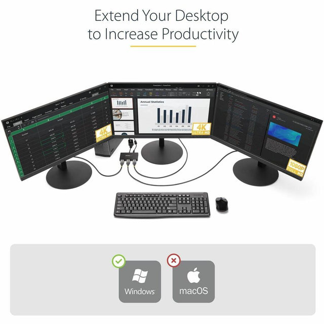 StarTech.com 3-Port DisplayPort 1.2 Splitter, DisplayPort to 3x DP Multi-Monitor Adapter, Dual 4K 30Hz and 1080p Computer MST Hub, Windows