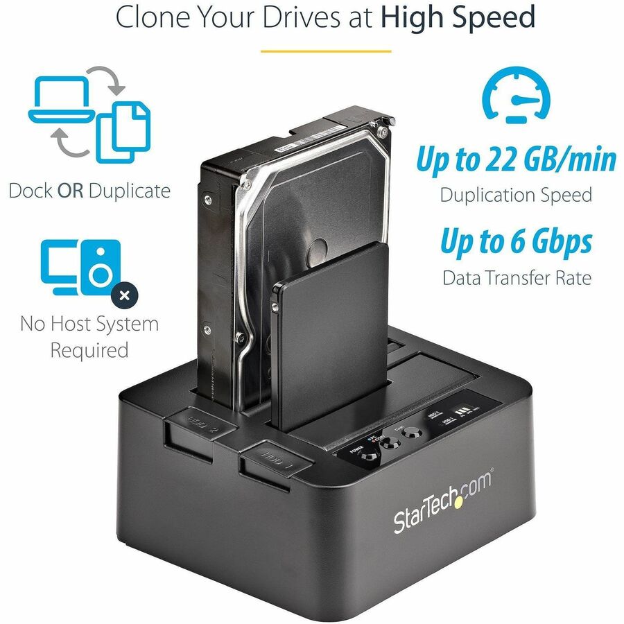 StarTech.com Dual Bay Hard Drive Duplicator Dock, Standalone HDD/SSD Cloner/Copier, USB 3.0 / eSATA to SATA III Hard Drive Cloner
