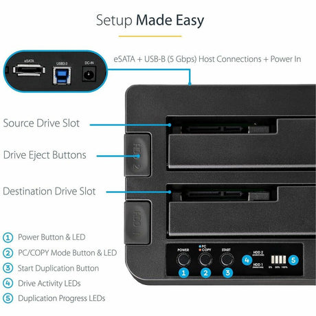StarTech.com Dual Bay Hard Drive Duplicator Dock, Standalone HDD/SSD Cloner/Copier, USB 3.0 / eSATA to SATA III Hard Drive Cloner