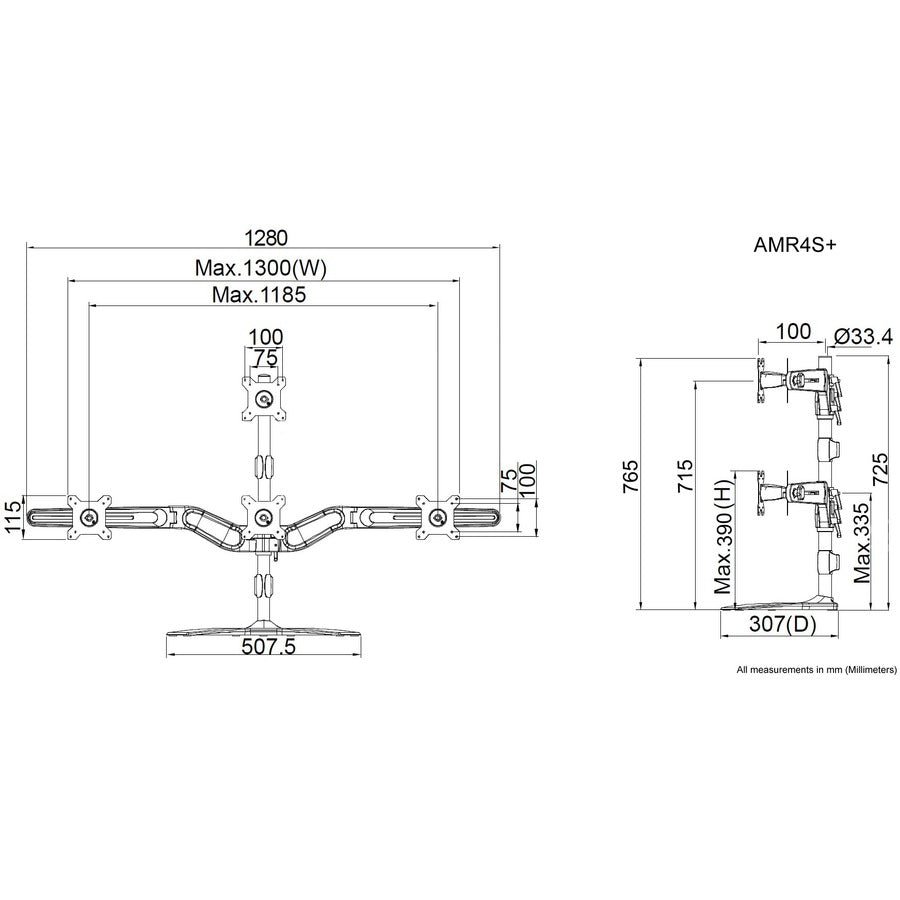 Amer Mounts Stand Base Quad Monitor Mount. One Over Three. Up to 24" and 17.5 lbs Each