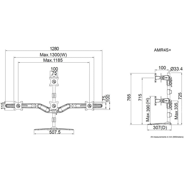 Amer Mounts Stand Base Quad Monitor Mount. One Over Three. Up to 24" and 17.5 lbs Each