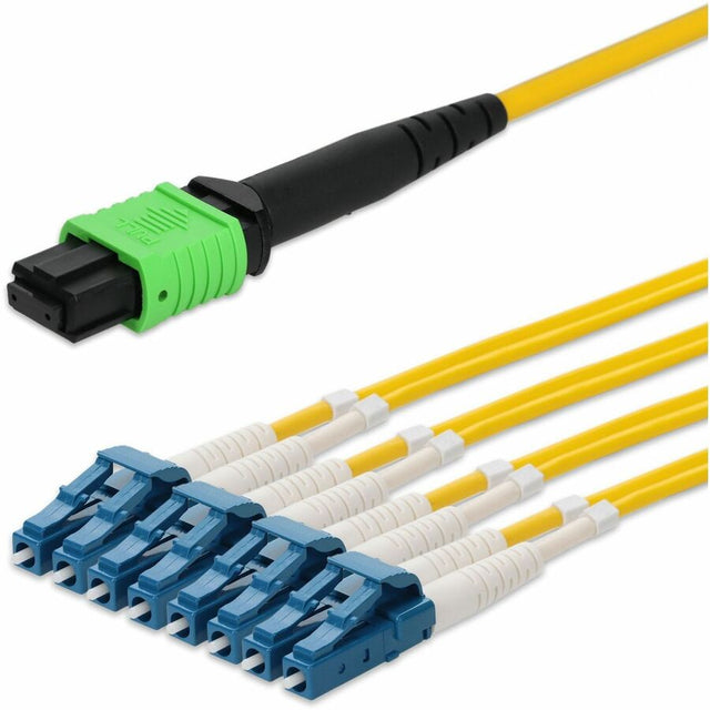 AddOn 5m MPO-12 to 4xLC Duplex (8xLC) Yellow OS2 OFNR (Riser-Rated) 8-Strand SMF Fiber Fanout Cable