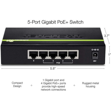 TRENDnet 5-Port Gigabit PoE+ Switch, 31 W PoE Budget, 10 Gbps Switching Capacity, Data & Power Through Ethernet To PoE Access Points And IP Cameras, Full & Half Duplex, Black, TPE-TG50g