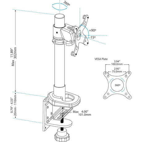 StarTech.com Single Monitor Desk Mount, Height Adjustable Monitor Mount, Up to 34" (30.9lb/14kg) VESA Mount Monitors, Desk/Grommet Mount