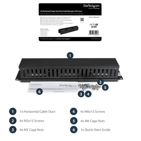 StarTech.com 2U Horizontal Finger Duct Rack Cable Management Panel with Cover