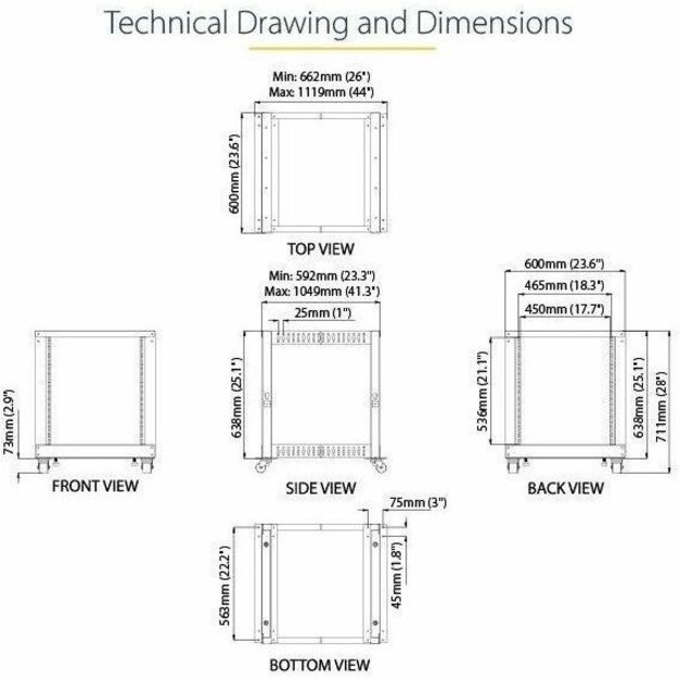 StarTech.com 4-Post 12U Mobile Open Frame Server Rack, 19" Network Rack with Casters, Rolling Rack for Computer/AV/Data/IT Equipment