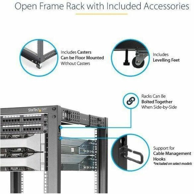 StarTech.com 4-Post 12U Mobile Open Frame Server Rack, 19" Network Rack with Casters, Rolling Rack for Computer/AV/Data/IT Equipment