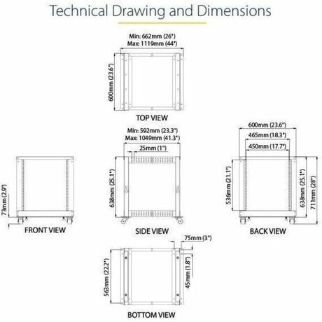 StarTech.com 4-Post 12U Mobile Open Frame Server Rack, 19" Network Rack with Casters, Rolling Rack for Computer/AV/Data/IT Equipment
