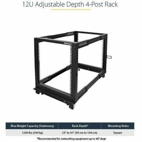 StarTech.com 4-Post 12U Mobile Open Frame Server Rack, 19" Network Rack with Casters, Rolling Rack for Computer/AV/Data/IT Equipment