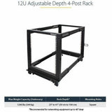 StarTech.com 4-Post 12U Mobile Open Frame Server Rack, 19" Network Rack with Casters, Rolling Rack for Computer/AV/Data/IT Equipment