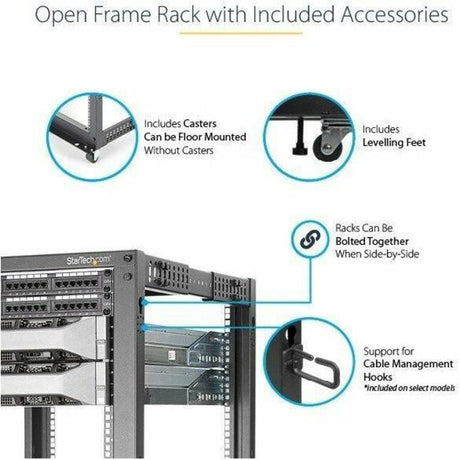 StarTech.com 4-Post 12U Mobile Open Frame Server Rack, 19" Network Rack with Casters, Rolling Rack for Computer/AV/Data/IT Equipment