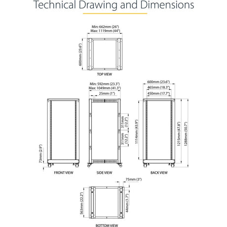 StarTech.com 4-Post 25U Mobile Open Frame Server Rack, 19in Network Rack with Casters, Rolling Rack for Computer/AV/Data/IT Equipment