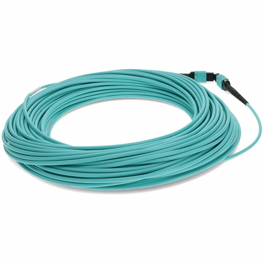 AddOn 50m MPO (Female) to MPO (Female) 12-Strand Aqua OM4 Crossover Fiber OFNR (Riser-Rated) Patch Cable