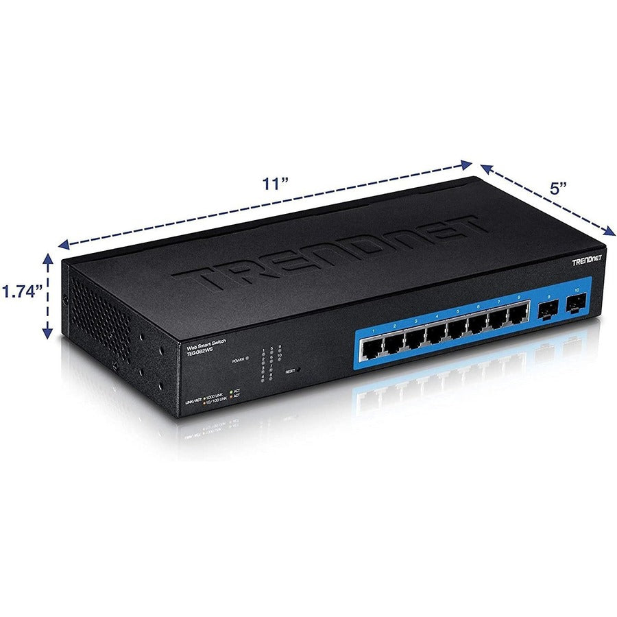 TRENDnet 10-Port Gigabit Web Smart Switch; 20 Gbps Switching Capacity; 8 x RJ-45 Ports; 2 x SFP; Slots; VLAN; QoS; LACP; IPv6 Support; Fanless; Rack Mountable; Lifetime Protection; TEG-082WS