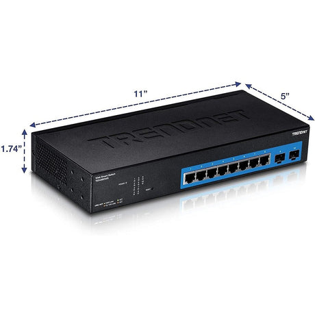 TRENDnet 10-Port Gigabit Web Smart Switch; 20 Gbps Switching Capacity; 8 x RJ-45 Ports; 2 x SFP; Slots; VLAN; QoS; LACP; IPv6 Support; Fanless; Rack Mountable; Lifetime Protection; TEG-082WS