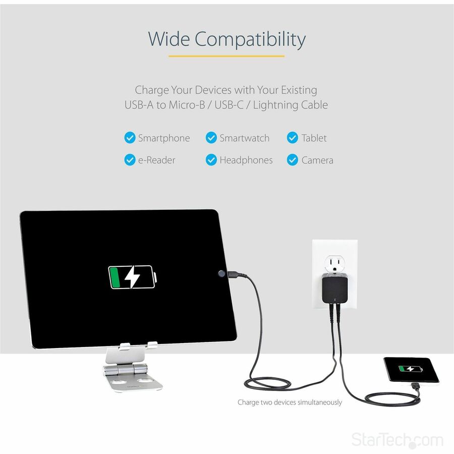 StarTech.com Travel USB Wall Charger - 2 Port - Black - Universal Travel Adapter - International Power Adapter - USB Charger