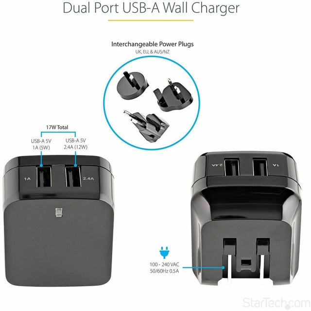 StarTech.com Travel USB Wall Charger - 2 Port - Black - Universal Travel Adapter - International Power Adapter - USB Charger