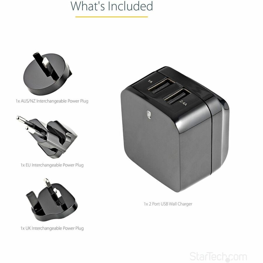 StarTech.com Travel USB Wall Charger - 2 Port - Black - Universal Travel Adapter - International Power Adapter - USB Charger
