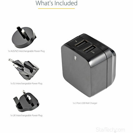 StarTech.com Travel USB Wall Charger - 2 Port - Black - Universal Travel Adapter - International Power Adapter - USB Charger