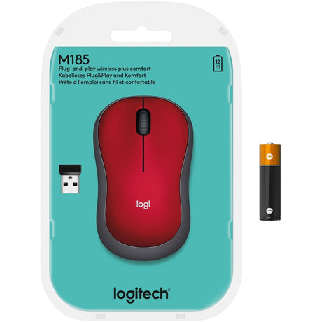 Logitech M185 Wireless Mouse, 2.4GHz with USB Mini Receiver, 12-Month Battery Life, 1000 DPI Optical Tracking, Ambidextrous, Compatible with PC, Mac, Laptop (Red)