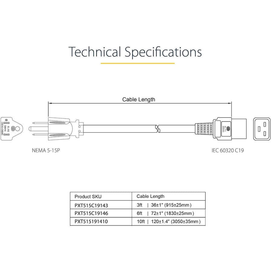 StarTech.com 10ft (3m) Heavy Duty Power Cord, NEMA 5-15P to C19, 15A 125V, 14AWG, Computer Power Cord, Heavy Gauge Power Cable