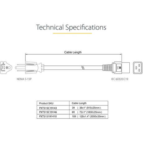 StarTech.com 3ft (1m) Heavy Duty Power Cord, NEMA 5-15P to C19, 15A 125V, 14AWG, Computer Power Cord, Heavy Gauge Power Cable