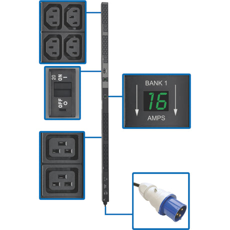 Tripp Lite by Eaton 7.7kW Single-Phase Local Metered PDU, 200-240V Outlets (8 C19 and 40 C13), IEC-309 32A Blue Input, 10 ft. (3.05 m) Cord, 0U Vertical, TAA, 70 in.