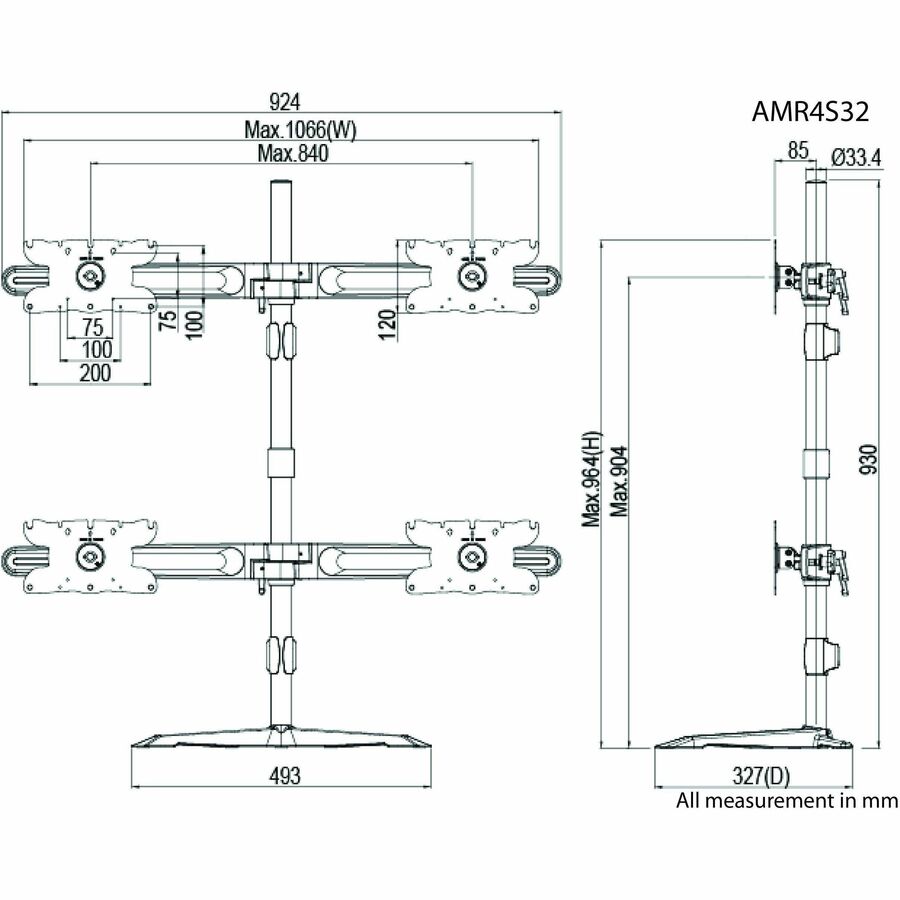 Amer Mounts Quad Monitor Stand Mount Supports Flat Panel Size up to 32" AMR4S32